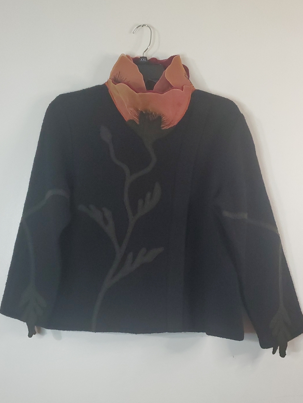 CoVelo Black Wool Floral Appliqué Full Zip Art Deco Sweater Rose Collar Lg